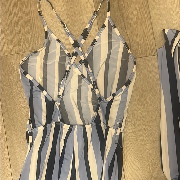 Charlotte Russe Blue and White Striped Jumpsuit with Tie Waist - Picture 6 of 6